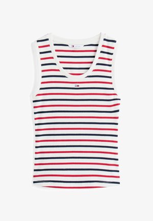 Débardeur à côtes blanc avec des rayures horizontales rouge et bleu marine. Il présente une encolure ronde et un petit logo au centre de la poitrine.