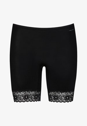 Sorte strækshorts med en blondekant ved kanten. Blonden har blomstermotiver. Glat tekstur i hele hovedstoffet.