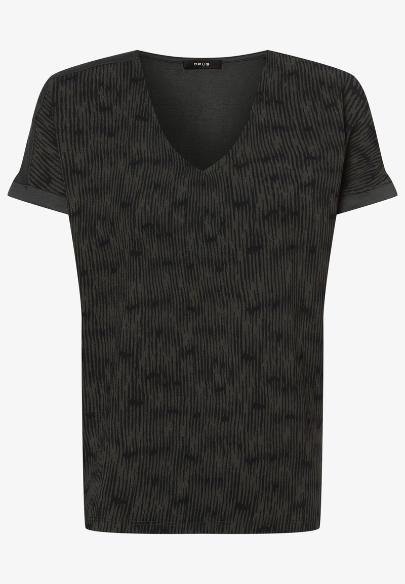T-shirt noir à encolure en V avec manches courtes, présentant un motif texturé à rayures verticales. Tissu doux avec une coupe décontractée.