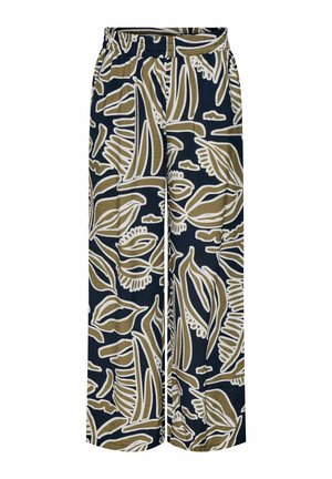 Pantalon à jambes larges avec taille élastique, présentant un motif feuille abstrait audacieux en beige et blanc sur fond noir.