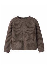 Bruine gebreide pullover met ribbelpatroon, ronde hals en lange mouwen. Geweven patroon met verticale lijnen en kleine uitsparingen.
