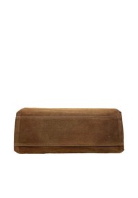 Brązowy zamszowy worek w prostokątnym kształcie, z gładką teksturą i prostym wzornictwem, z delikatnym przeszyciem wzdłuż krawędzi.