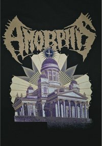 Černé tričko s grafikou neoklasické budovy s kupolí v purpurových a zlatých odstínech, s propracovanými liniemi a tvary vyzařujícími směrem ven.