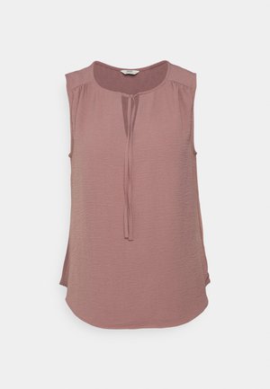 Mouwloze mauve blouse met ronde halslijn, voorstrikkoord, geplooide details bij de schouders en licht gebogen zoom.