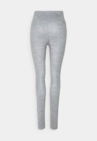 Leggings grigi con una texture liscia e elastica. Vita alta, gambe affusolate e un delicato motivo melange su tutta la superficie. Nessuna tasca visibile o accessori.