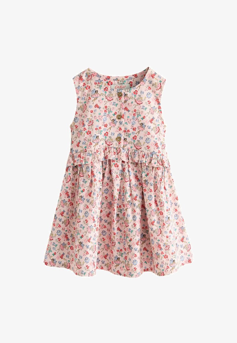 Blumenkleid für Kinder mit einem rosa Hintergrund, verziert mit bunt gemusterten Blumen und Schmetterlingen, ärmellosem Design und Knopfverschluss.