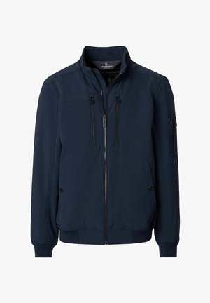 Marineblauwe casual jas met opstaande kraag, rits aan de voorkant, twee verticale borstzakken, twee zijzakken met knopen en een ritssluiting op de mouw.