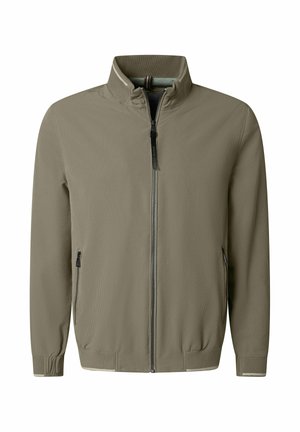 Lichtolijfgroene ritsjack met hoge kraag, gestructureerde stof en ritssluitingen aan de zijkanten, voorzien van geribbelde manchetten en zoom.