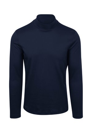 Marineblaues Langarm-Turtleneck-Shirt aus glattem Stoff, mit einem taillierten Design und geripptem Kragen, das eine nahtlose, stromlinienförmige Form aufweist.