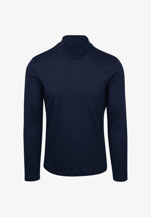 Navyblauw langwerpig turtleneck shirt gemaakt van een gladde stof, met een aansluitend ontwerp en geribbelde kraag, met een naadloze, gestroomlijnde vorm.