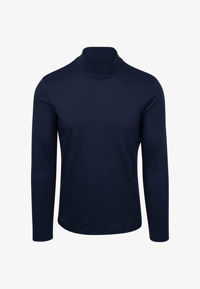 Marineblaues Langarm-Turtleneck-Shirt aus glattem Stoff, mit einem taillierten Design und geripptem Kragen, das eine nahtlose, stromlinienförmige Form aufweist.