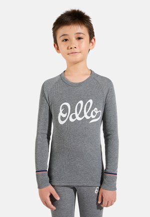 Gray long-sleeve thermal top with "Odlo" logo, featuring a textured fabric with contrasting colored accents on the cuffs.