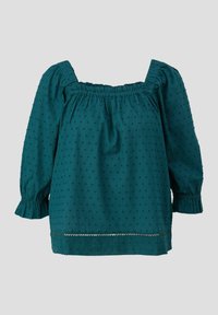 Türkisfarbene Bluse mit strukturiertem Muster, quadratischem Ausschnitt und langen Puffärmeln. Verfügt über geraffte Akzente und einen volanten Saum mit floralem Abschluss.