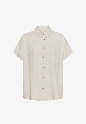 Light beige short-sleeve button-up shirt with a pointed collar and a single chest pocket on the left side.