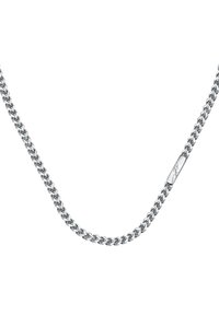 Collana in argento con anelli intrecciati, caratterizzata da una finitura liscia e un accento rettangolare con dettagli incisi.