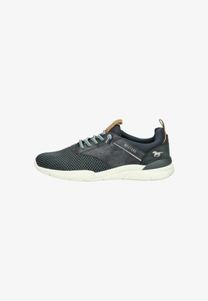 Dark blue athletic shoes with a textured mesh upper, light blue laces, leather accents, and a white rubber sole. Notable branding on the side.