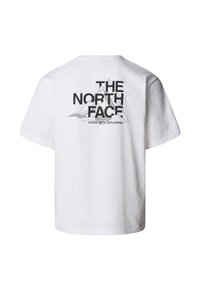 Hvid bomulds t-shirt med et sort grafisk print på ryggen med teksten "THE NORTH FACE" og et bjergdesign. Korte ærmer, rund hals.