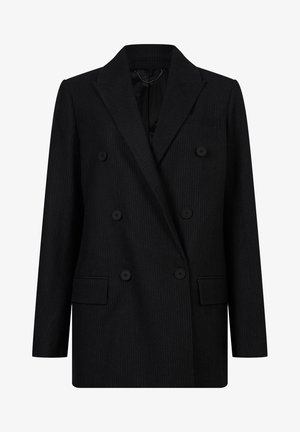 Blazer noir croisé à fines rayures discrètes, six boutons, larges revers, poche poitrine et deux poches avant à rabat.