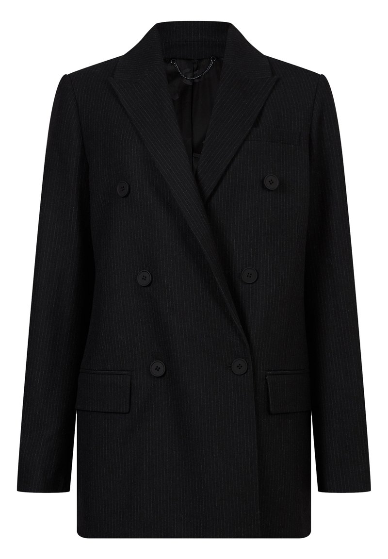 Blazer noir croisé à fines rayures discrètes, six boutons, larges revers, poche poitrine et deux poches avant à rabat.