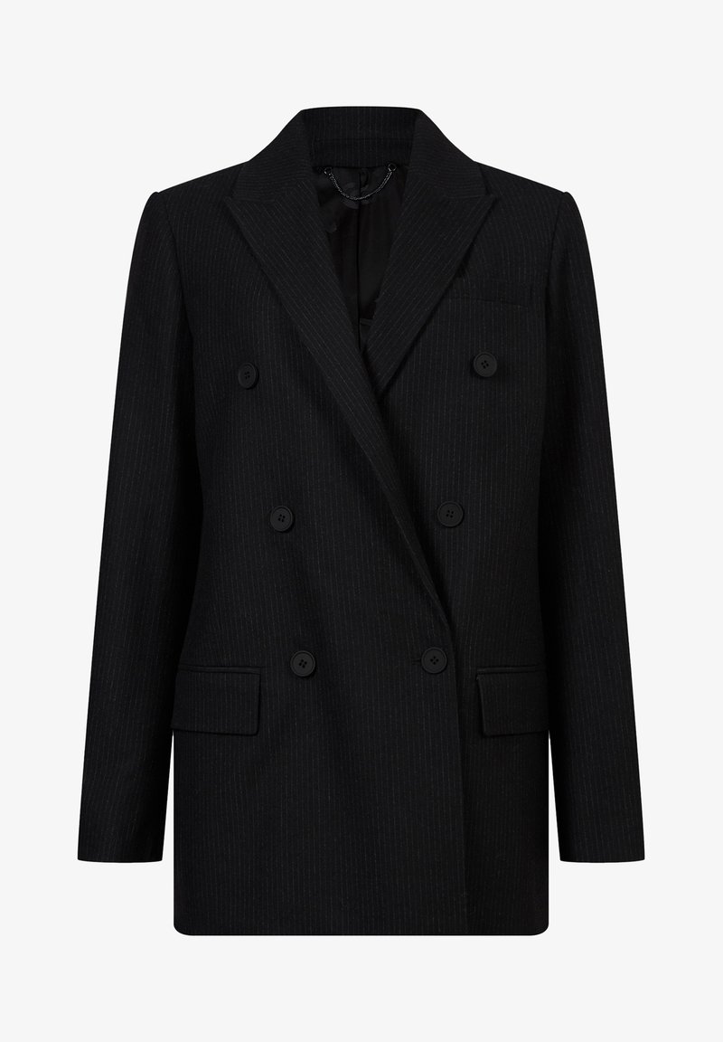 Blazer noir croisé à fines rayures discrètes, six boutons, larges revers, poche poitrine et deux poches avant à rabat.