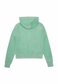 Felpa verde in cotone, caratterizzata da una texture morbida, polsini a coste e cappuccio. Il design è semplice, senza grafiche o loghi visibili.