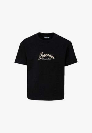 T-shirt en coton noir avec des manches courtes et un col ras du cou. L'avant affiche un texte en cursive blanche "Barrow Friendly Match."