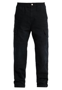 Zwarte cargo broek van katoen. Heeft een elastische tailleband, zijzakken en gestikte accenten. Rechtrug ontwerp, duurzame textuur.