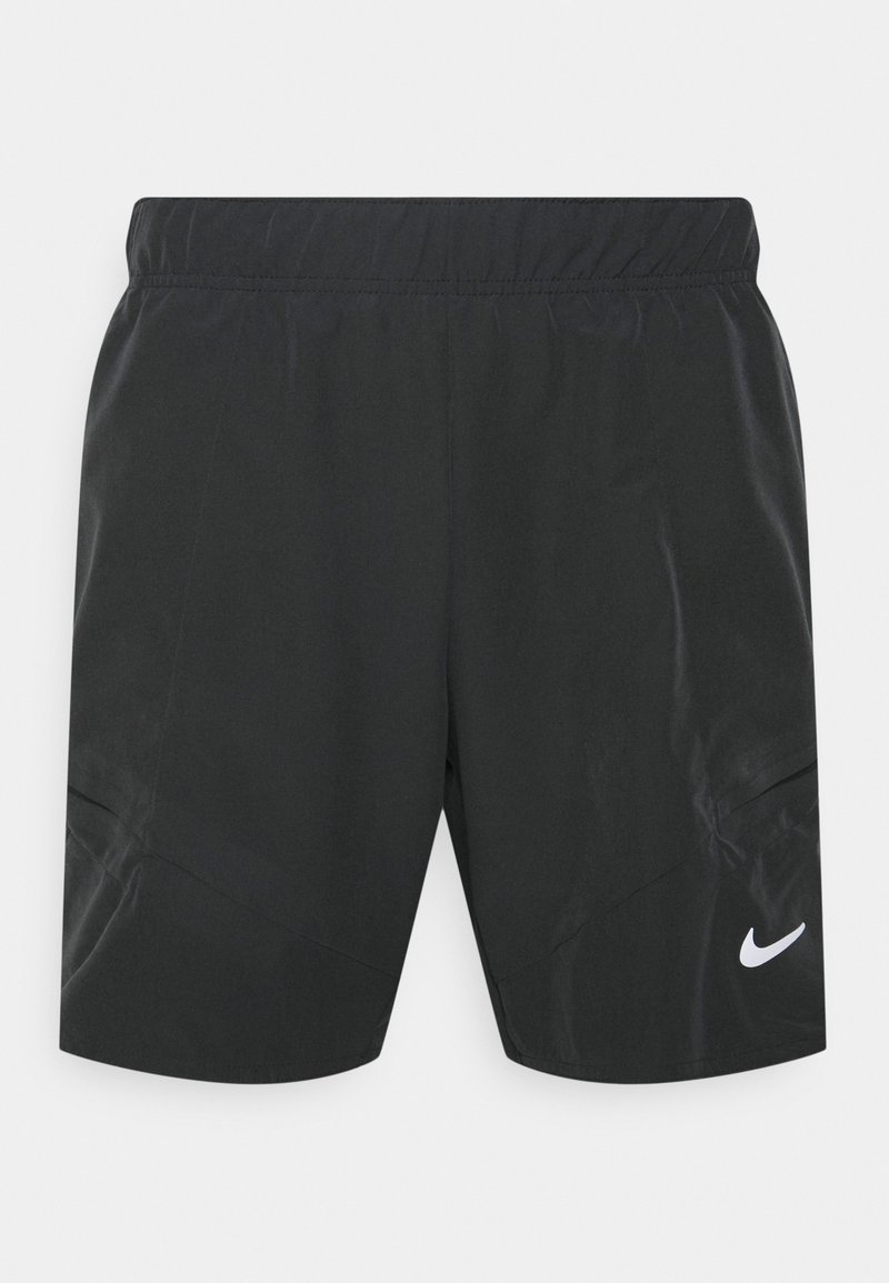 Shorts de sport noirs avec une taille élastique et un logo Nike swoosh blanc sur la partie inférieure de la jambe droite, fabriqués en tissu léger.