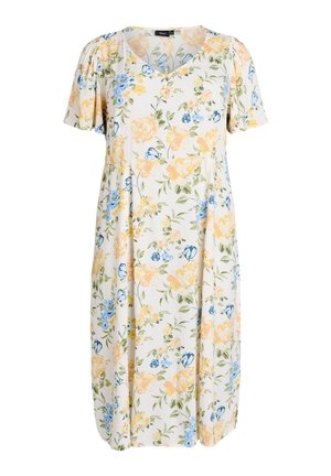 Weißes knielanges Kleid mit kurzen Ärmeln, V-Ausschnitt und floralem Print in Gelb-, Blau- und Grüntönen.