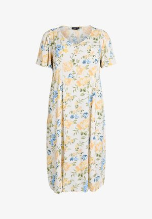 Weißes knielanges Kleid mit kurzen Ärmeln, V-Ausschnitt und floralem Print in Gelb-, Blau- und Grüntönen.