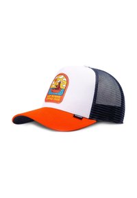 Cappellino da camionista con un pannello frontale bianco, visiera arancione e lati in rete blu. Presenta un design ricamato "Lazy Sunday Coffee Club".