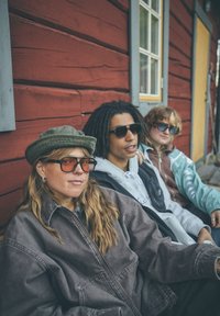 Τρία άτομα κάθονται μπροστά σε έναν κόκκινο ξύλινο τοίχο. Φοράνε γυαλιά ηλίου· ο ένας έχει πράσινο καπέλο και καφέ σακάκι, ο άλλος φοράει γκρι φούτερ με κουκούλα, και ο τρίτος ένα μπλε σακάκι.