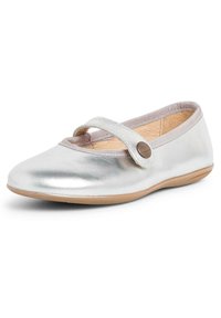 Silver metallic ballet flat with a rounded toe, elastic strap, and tan rubber outsole. Features a smooth texture and subtle stitching.