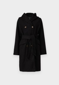 Abrigo de lana negro con capucha, diseño de doble botonadura, dos botones de tono dorado, cintura con cinturón y bolsillos delanteros. Textura suave y forma elegante.