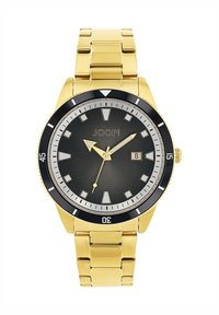 Goldfarbene Metalluhr mit schwarzem Lünette und Zifferblatt. Mit silbernen Akzenten, Indizes und Datumsfenster. Armbandstil mit polierten Gliedern.