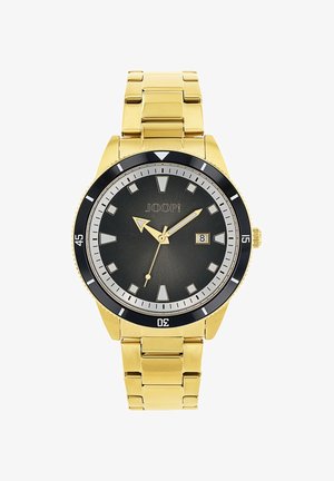 Goldfarbene Metalluhr mit schwarzem Lünette und Zifferblatt. Mit silbernen Akzenten, Indizes und Datumsfenster. Armbandstil mit polierten Gliedern.