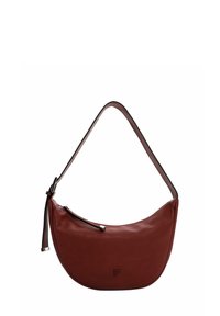 Brown leather shoulder bag with a curved shape, featuring a zip closure and a contrasting strap. Subtle logo embossed on the front.