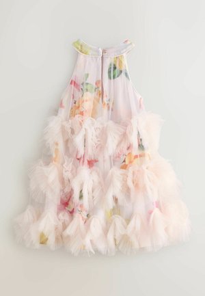 Květinové šaty z průsvitné látky s vícebarevným květinovým potiskem. Mají vysoký výstřih a vrstvy volánkového tylu na lemu.
