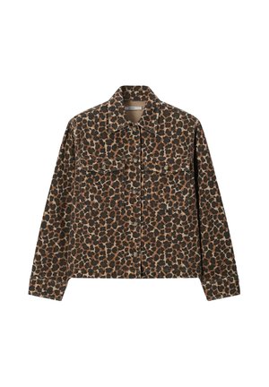 Langerekkige jas met knopen, met bruin-zwarte luipaardprint, twee borstflapzakken en een kraag.
