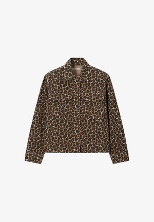 Veste boutonnée à manches longues avec imprimé léopard marron et noir, deux poches à rabat sur la poitrine et un col.