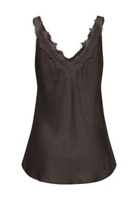 Haut sans manches en satin marron foncé avec un décolleté en V plongeant et une délicate bordure en dentelle autour du cou et des épaules.