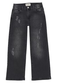 Jeans neri a gamba larga realizzati in denim, con dettagli strappati, aree sbiadite e design a cinque tasche standard. Chiusura a bottone in vita.