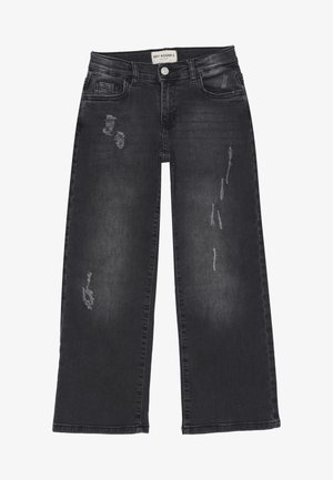 Jeans neri a gamba larga realizzati in denim, con dettagli strappati, aree sbiadite e design a cinque tasche standard. Chiusura a bottone in vita.