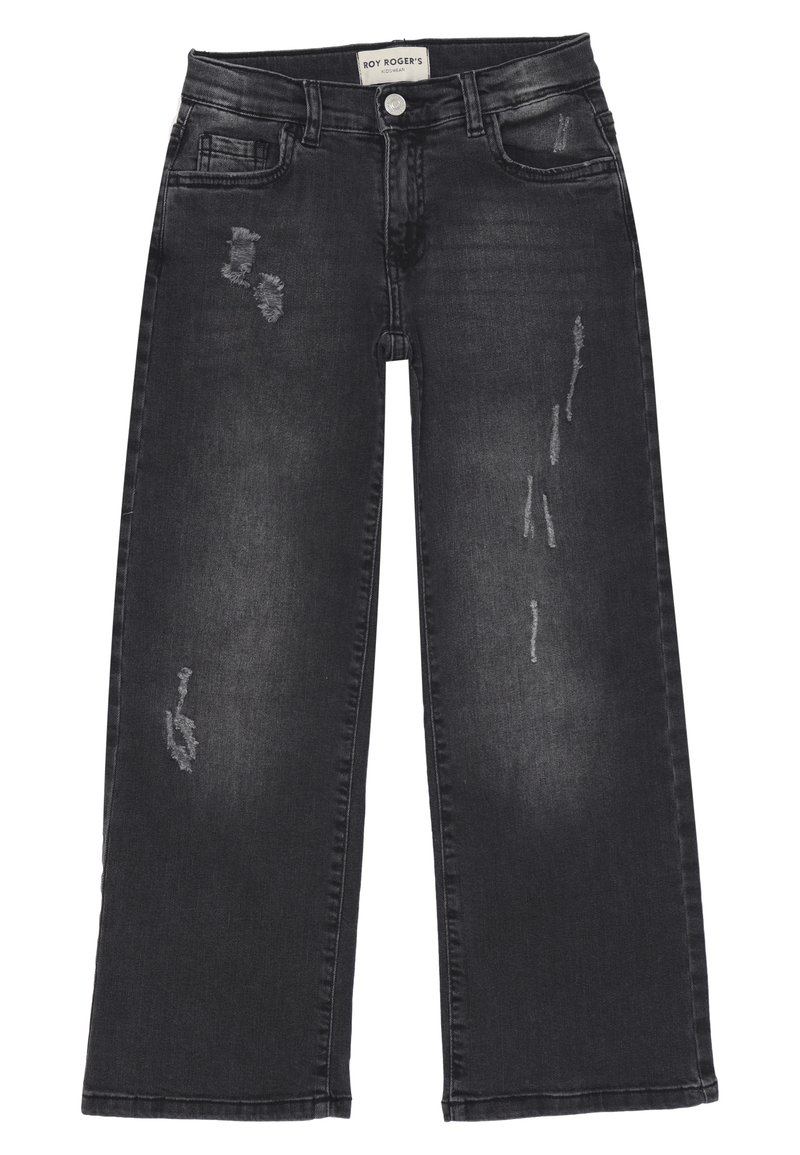 Jeans neri a gamba larga realizzati in denim, con dettagli strappati, aree sbiadite e design a cinque tasche standard. Chiusura a bottone in vita.