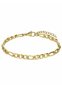 Gold chain bracelet with interlocking links, featuring a lobster clasp and adjustable chain section. Smooth texture and shiny finish.