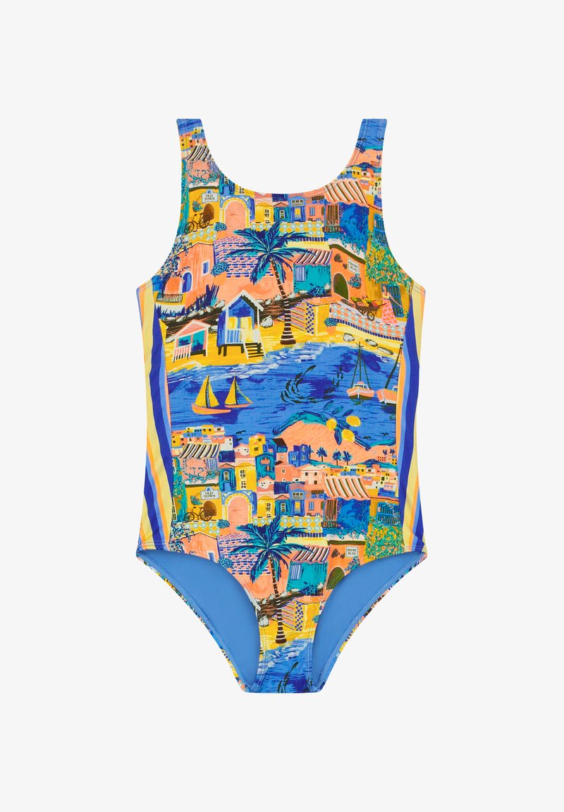 Enodelni kopalni kostim z živahnimi, večbarvnimi vzorci obalne pokrajine, palm, in jadrnic, z modrimi odprtinami za noge in naramnicami.
