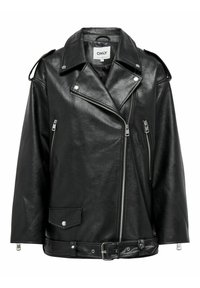 Zwart leren motorjacket met brede kraag, asymmetrische ritssluiting aan de voorkant, zijzakken en verstelbare riem in de taille. Heeft zilveren hardware-details.
