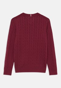 Μπορντό πουλόβερ με πλέξη καλωδίου και ριμπ στήθος και μανσέτες, με υφή και μια μικρή αντίθετη ρίγα στο πίσω μέρος του λαιμού.