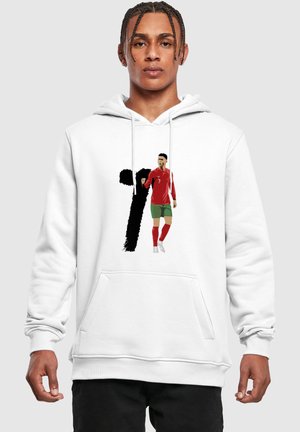 White hoodie featuring a red jersey design with green shorts and the number 7 in black brushstroke. Includes a front pocket and drawstring hood.