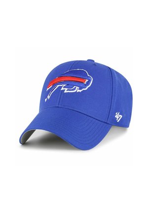 Blaue Baseballkappe mit strukturiertem Design, versehen mit einem bestickten weißen Bison-Logo mit roten Akzenten. Weicher Stoff und gebogene Krempe.